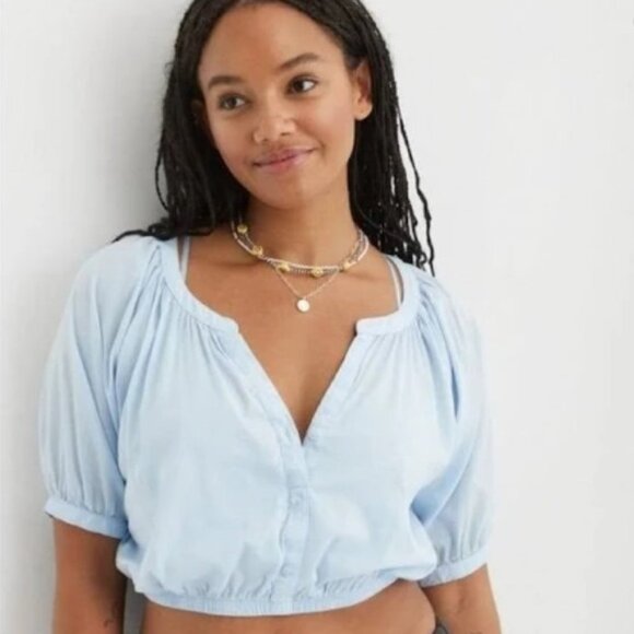Aerie Real Baby Blue Flowy Woven Top with Buttons and Cinched Waist Size S - Picture 1 of 7